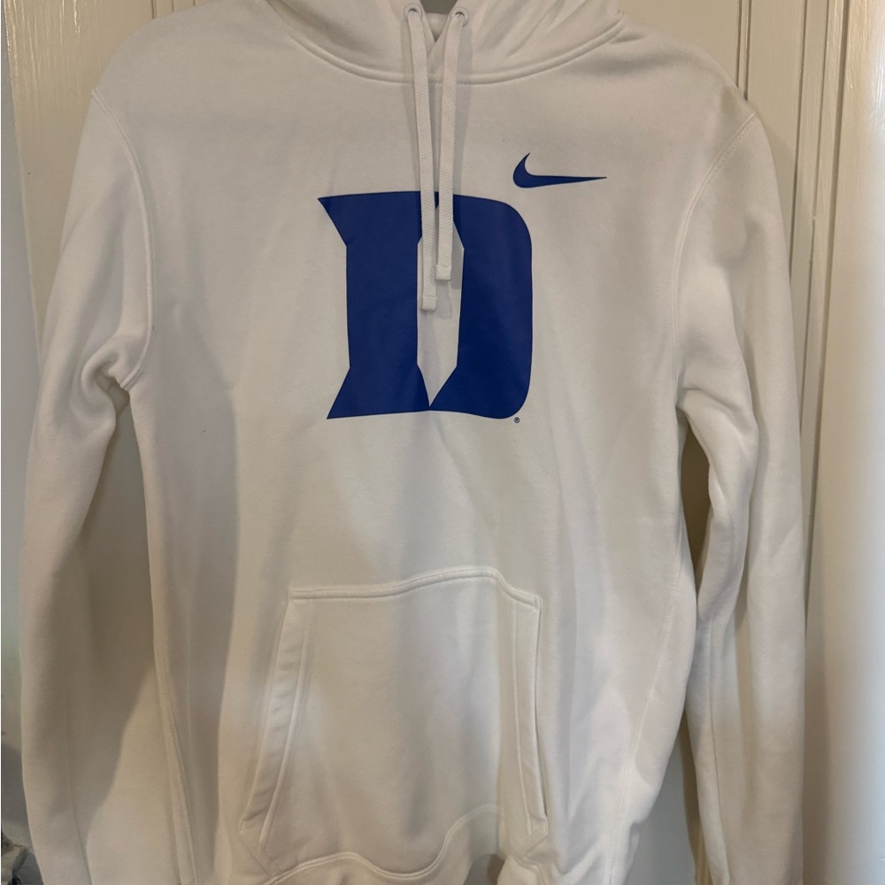 Nike Men's White Hoodie with Blue Logo